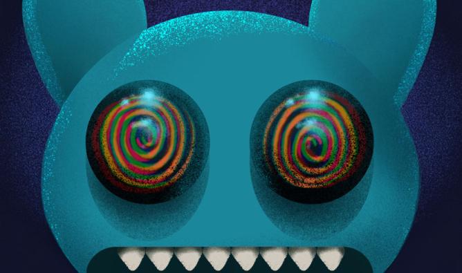 A blue monster with sharp teeth and red bulging eyes.