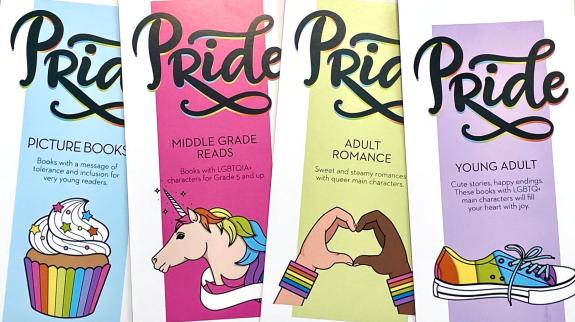 FVRL Pride bookmarks with reading suggestions for all ages