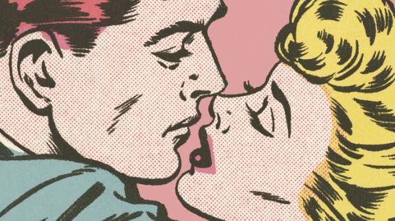 Pop-art-style illustration of a man and a woman about to kiss.