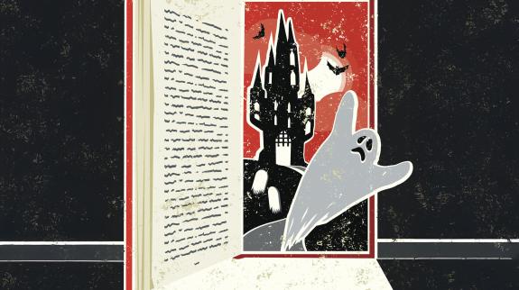 A ghost flies out of a horror novel.