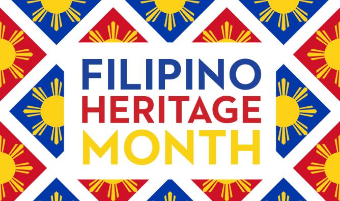 The title "Filipino Heritage Month" appear on an abstract background pattern with elements of the Filipino flag.