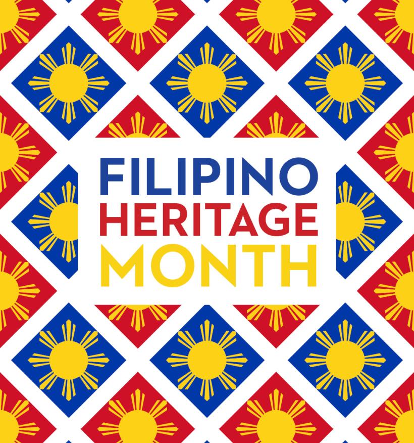 The title "Filipino Heritage Month" appear on an abstract background pattern with elements of the Filipino flag.