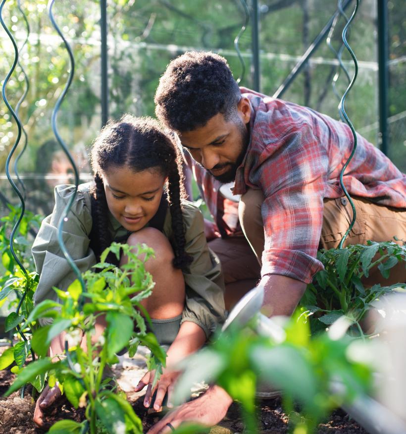 A happy young father with small daughter work outdoors in a backyard garden.