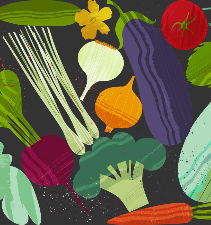 A colourful, abstract assortment of vegetables.