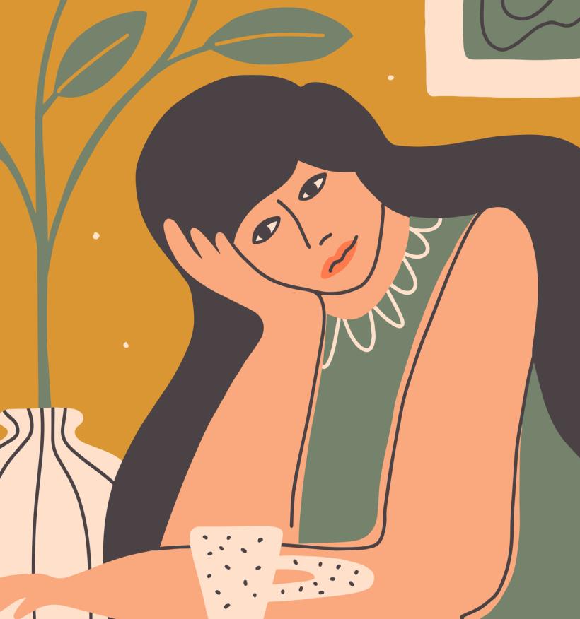 An illustration of a sad woman; she rests her head on her hand and looks emotionally forlorn.